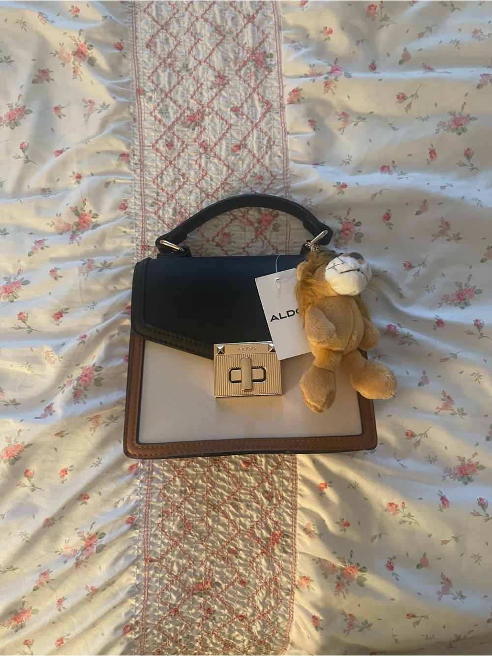 ALDO Black, Cream and Brown Top Handle Satchel with Gold Hardware